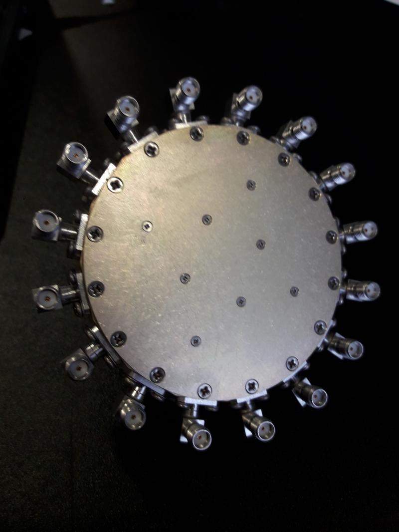 Top view of an E-REON 16-to-1 S-band radial combiner with coaxial connectors