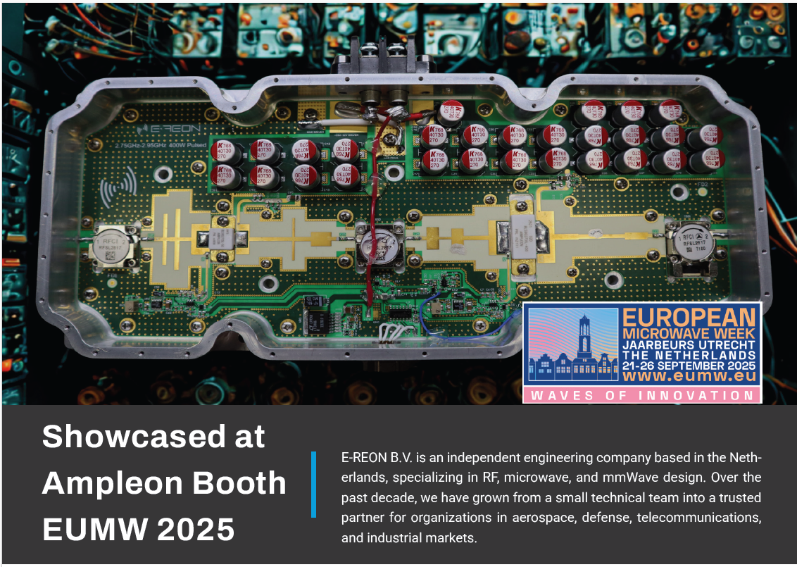 Open E-REON 2.856 GHz pulsed solid-state klystron driver displayed with the European Microwave Week 2025 event graphic