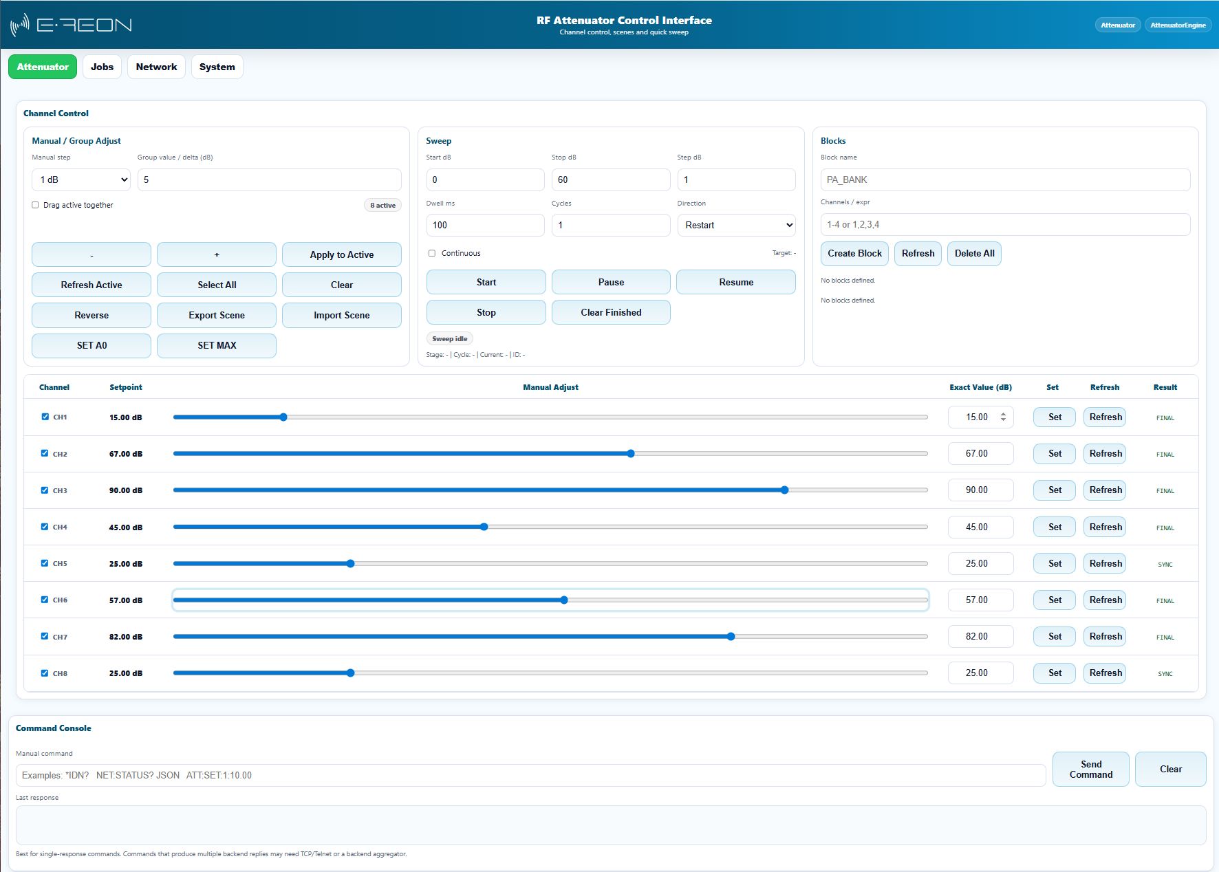E-REON browser interface for manual multichannel attenuator control and automated sweeps