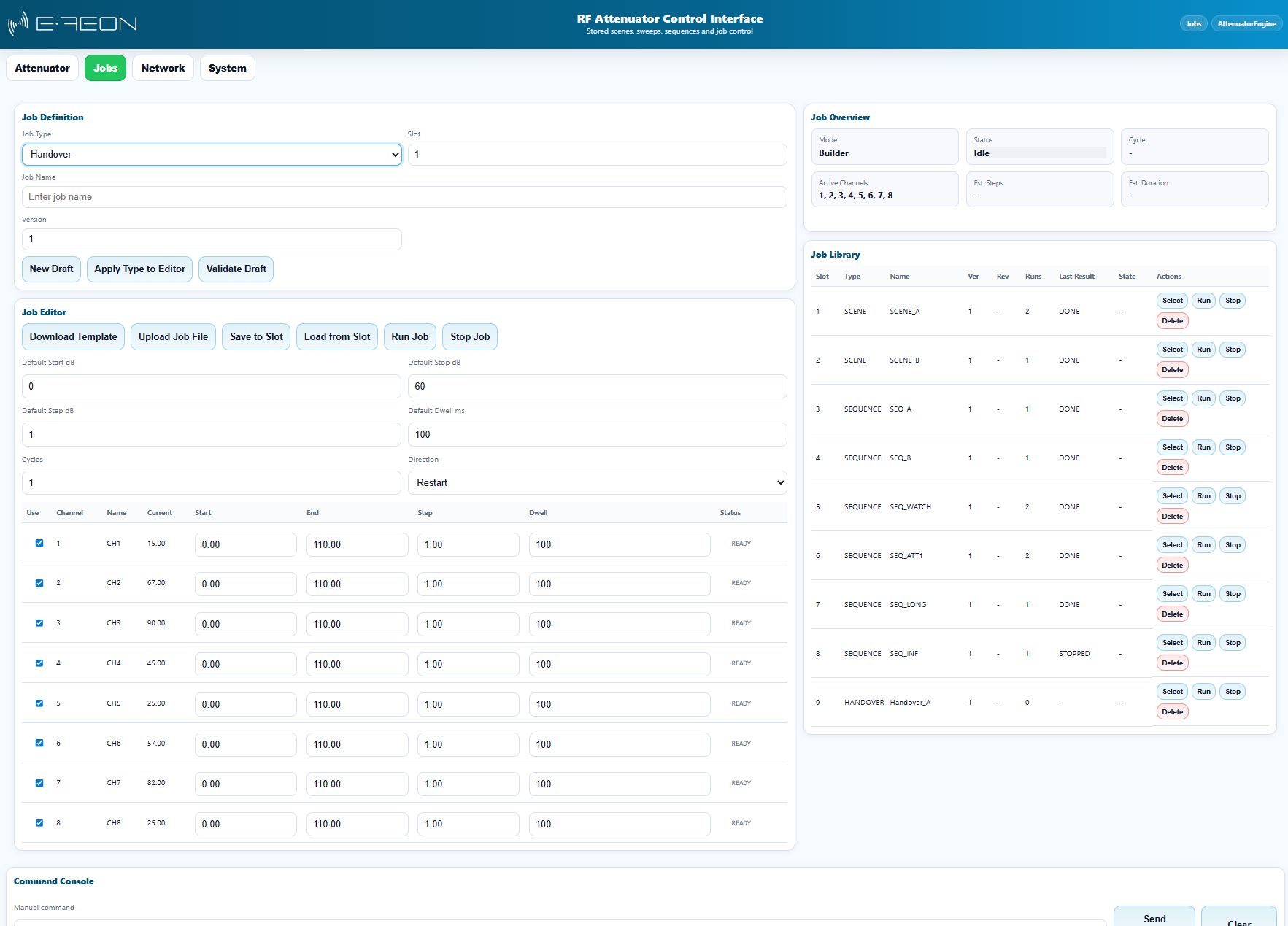 E-REON browser interface for creating and executing stored RF attenuator jobs