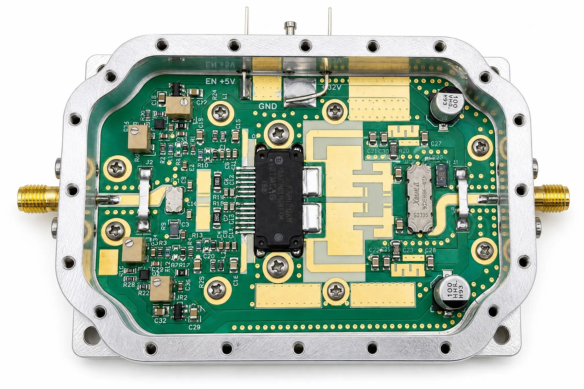 Close view of the RF power device, matching networks and control circuitry inside the 60 W amplifier