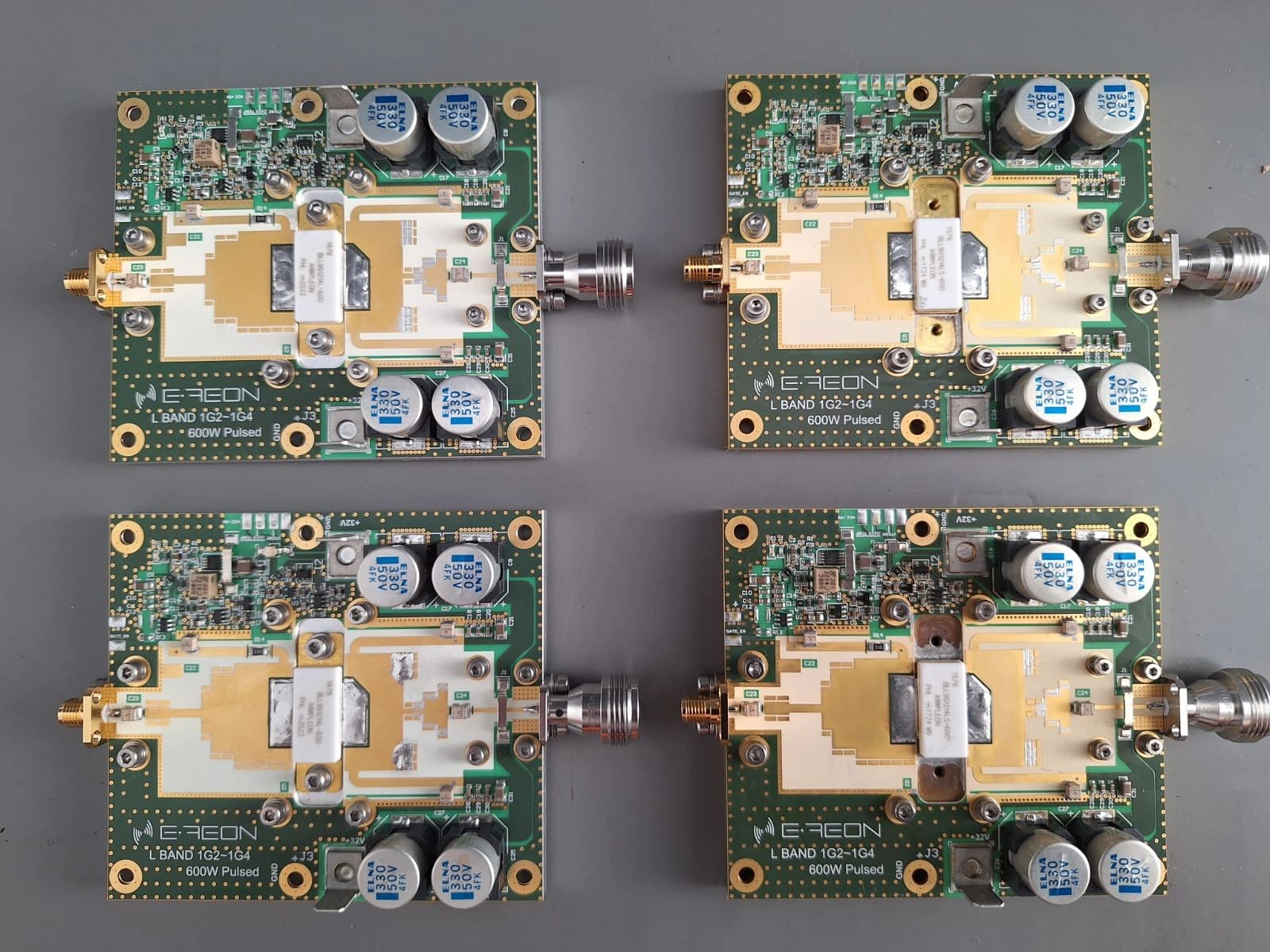Four E-REON 600 W pulsed L-band amplifier pallets prepared for integration