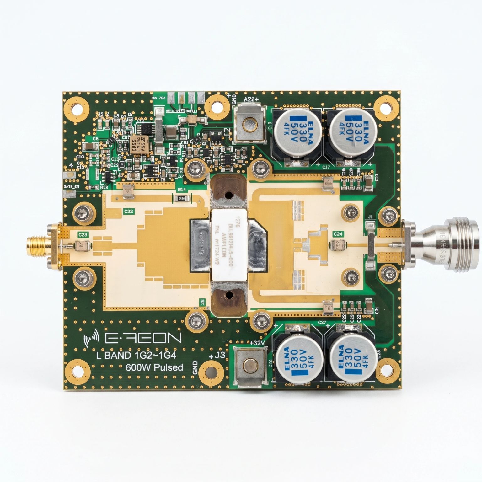 E-REON 600 W pulsed L-band RF power amplifier pallet covering 1.2-1.4 GHz