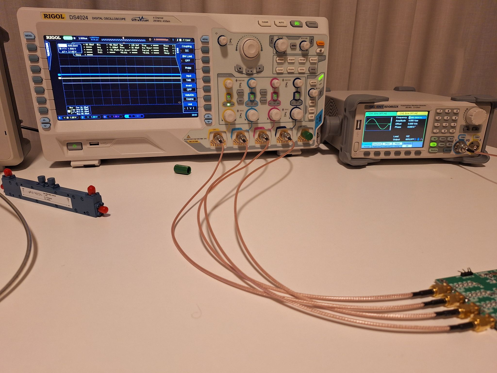 Four-channel phase-coherent RF source connected to laboratory test equipment
