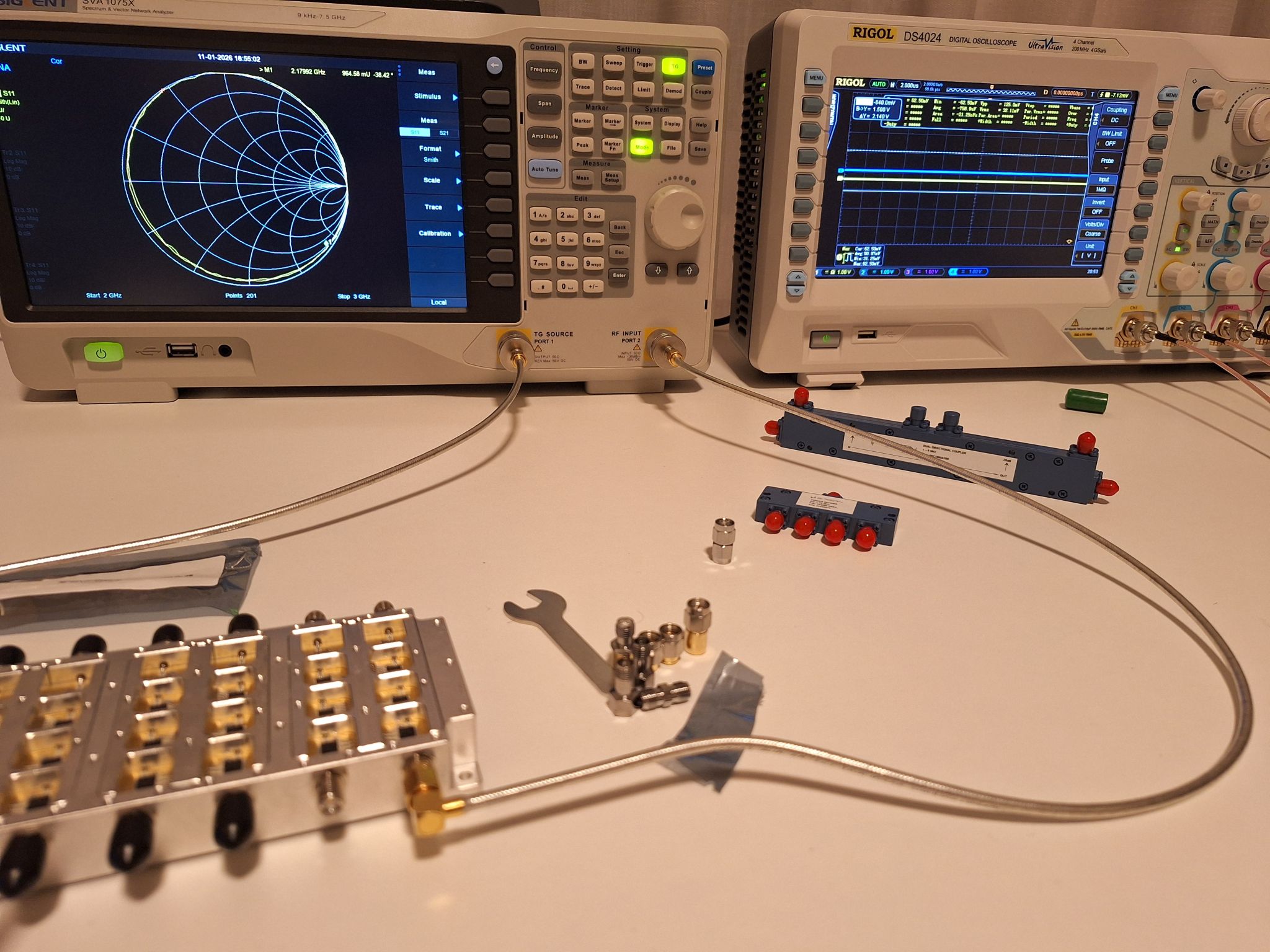 E-REON RF attenuator hardware under test with a vector network analyser