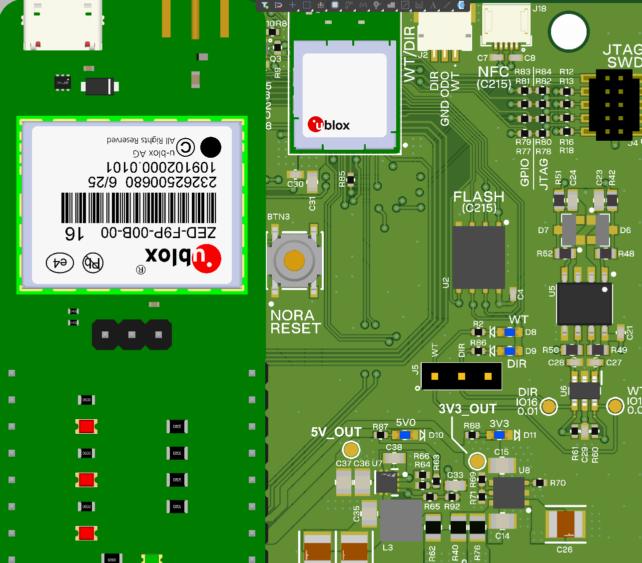 PCB rendering of a custom GNSS RTK receiver with u-blox positioning modules