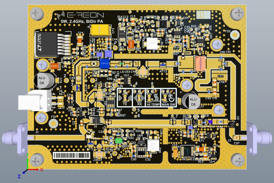 Rendered assembly of the E-REON 2.4 GHz bidirectional power-amplifier board
