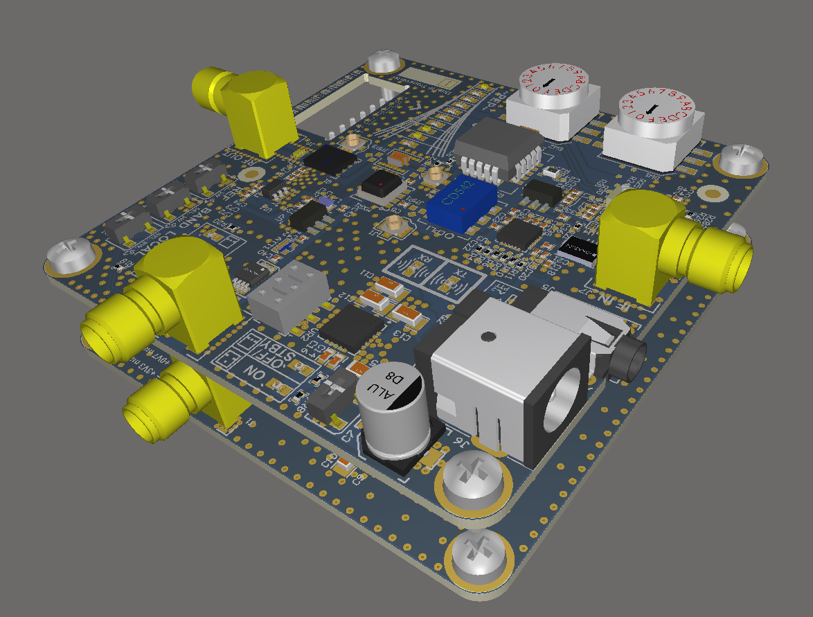 Perspective view of the E-REON dual-IF transverter PCB assembly in Altium MultiBoard
