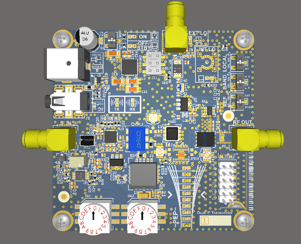 Top view of the E-REON dual-IF transverter PCB assembly in the Altium MultiBoard environment