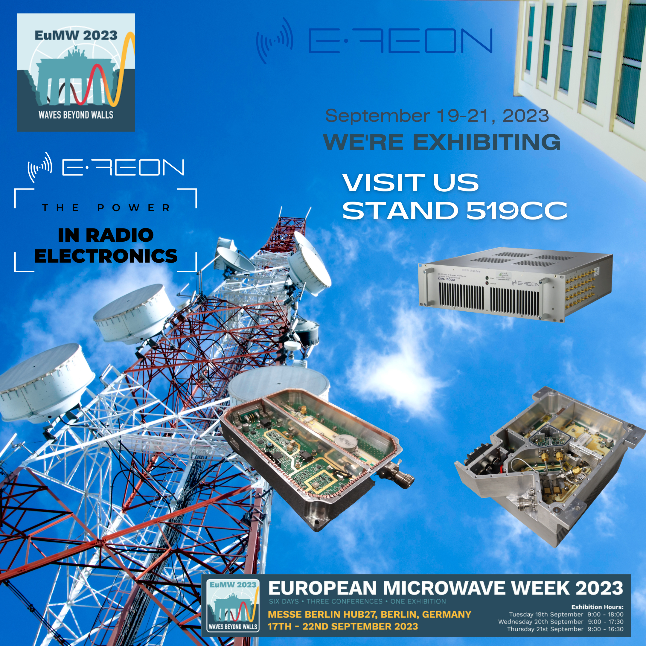 E-REON European Microwave Week 2023 announcement for stand 519CC in Berlin, 19–21 September 2023