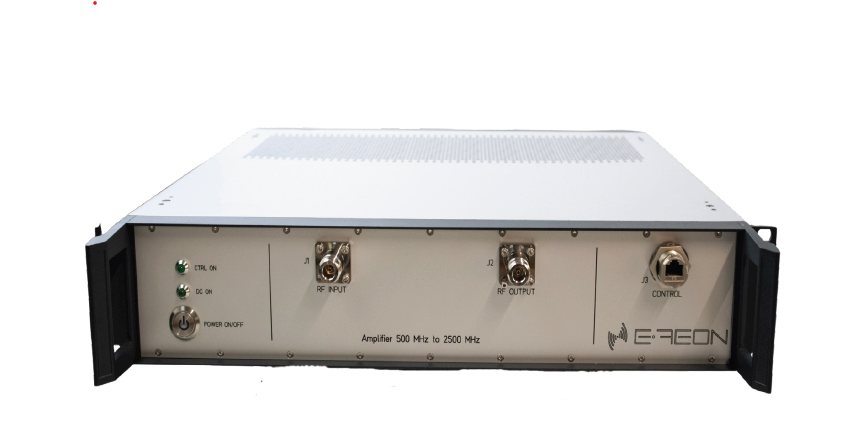 Front view of the E-REON ERA-05250 25 W rack-mount RF power amplifier