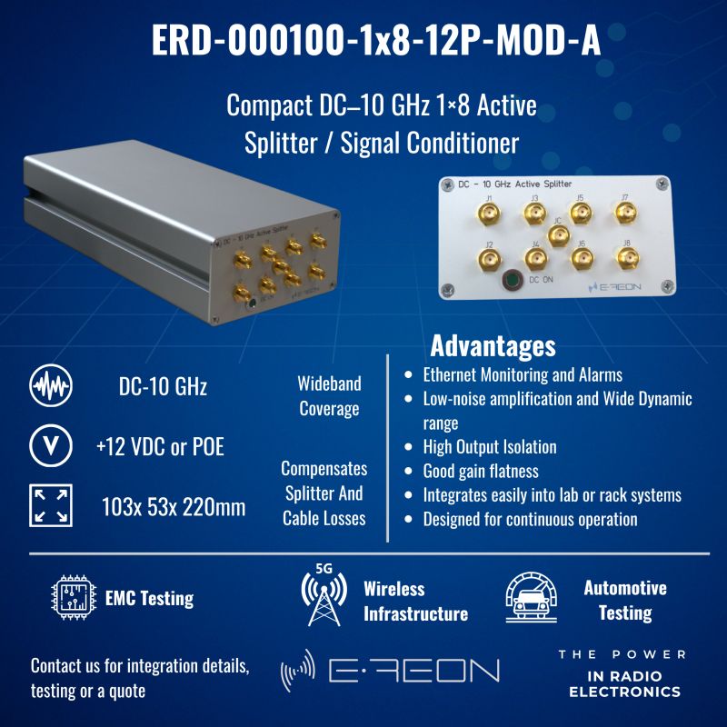 E-REON ERD-000100 DC-10 GHz active 1x8 splitter and signal conditioner