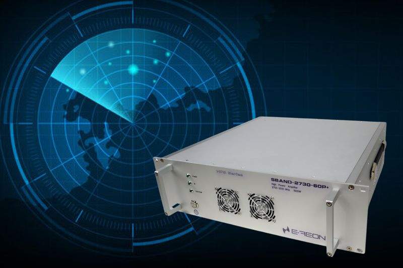 E-REON 19-inch rack-mount RF power amplifier in front of a radar display graphic
