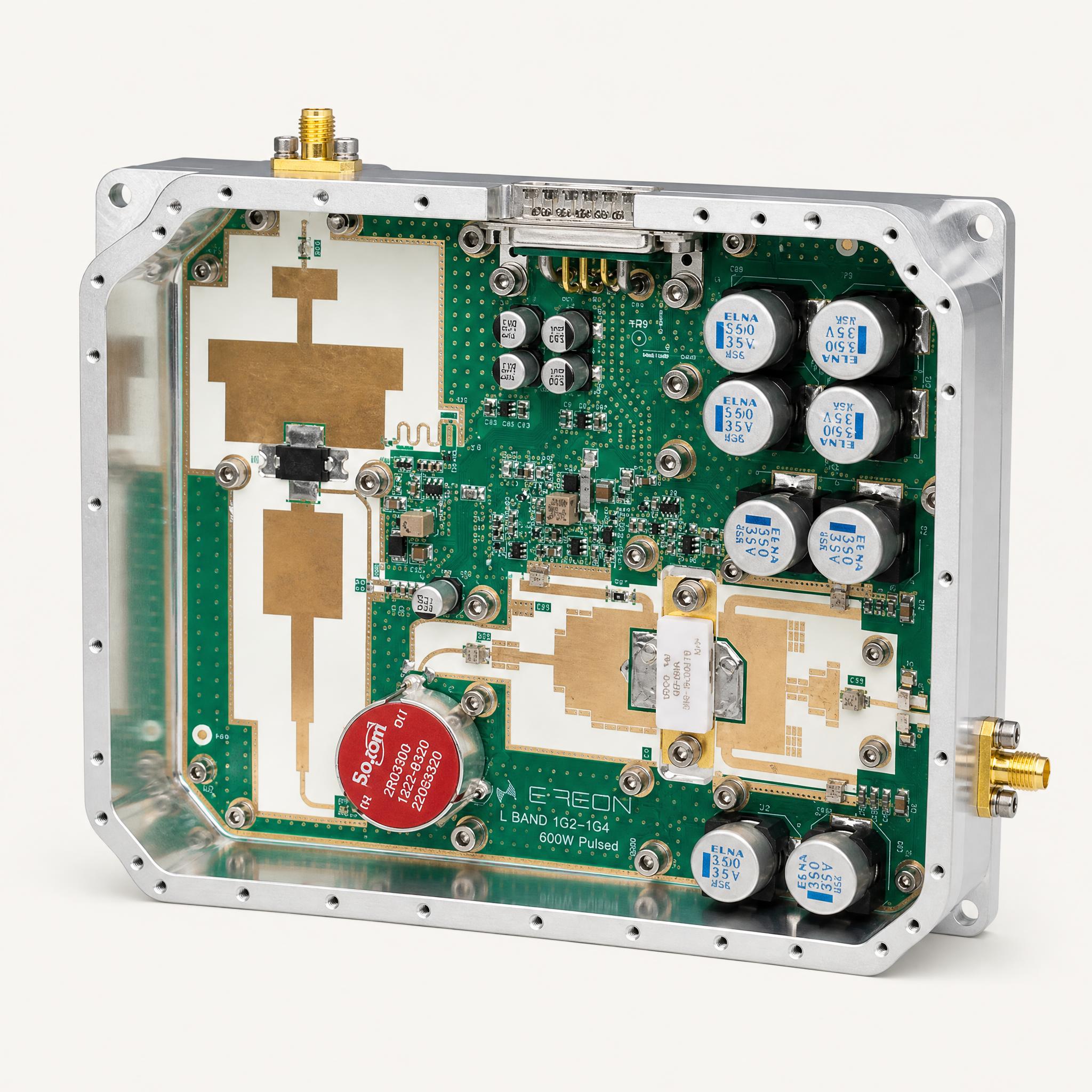 Open assembled E-REON 600 W pulsed L-band RF power amplifier module
