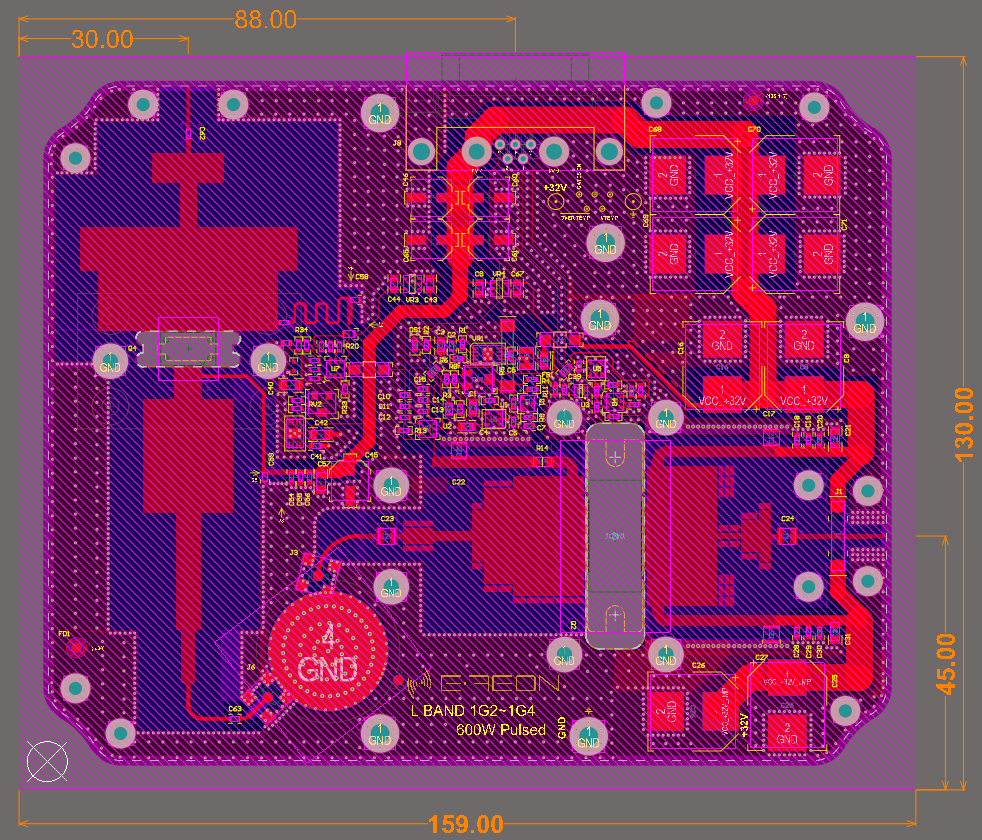 PCB layout of the E-REON 600 W pulsed L-band RF power amplifier