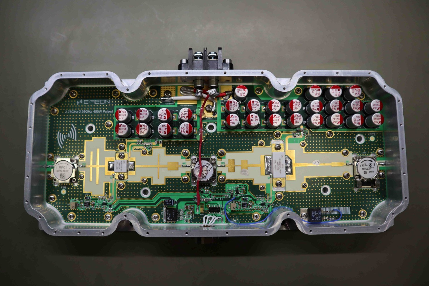 Open E-REON 400 W pulsed S-band RF amplifier showing the RF circuitry and supporting electronics